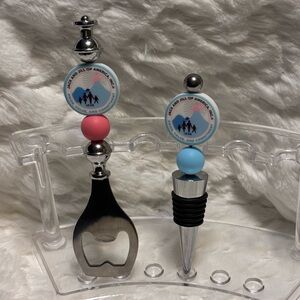 Jack and Jill Bottle Opener and Wine Stopper Set with Pink and Blue Accents